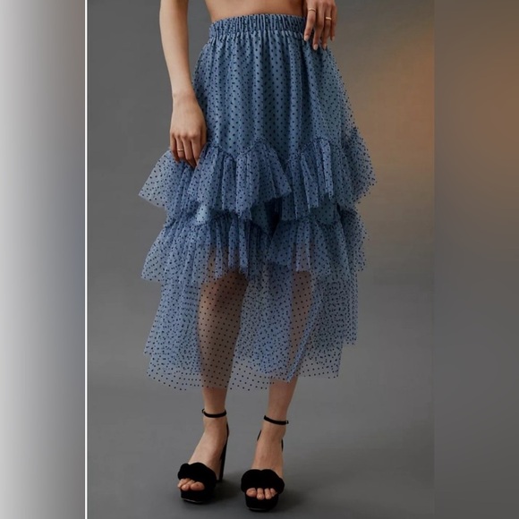 Anthropologie Eva Franco Ruffled Tulle Midi Skirt Blue Polka Dot - Picture 4 of 6